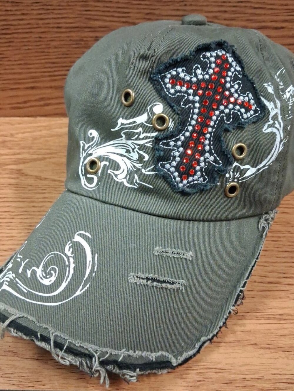 Vtg Leader Original Distressed Army Green Cadet Hat Cap Rhinestones Cross Y2K